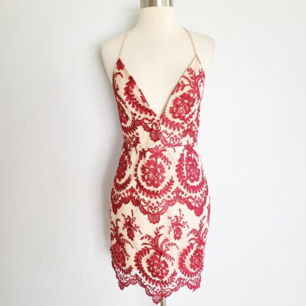 NBD Dress - Red/Nude/Lace/Floral - Size Small 🌹
